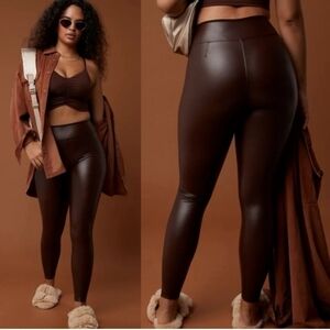 Faux Leather High-Waist Leggings - Brown